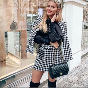 Zara Houndstooth Black/Cream Tweed Blazer L